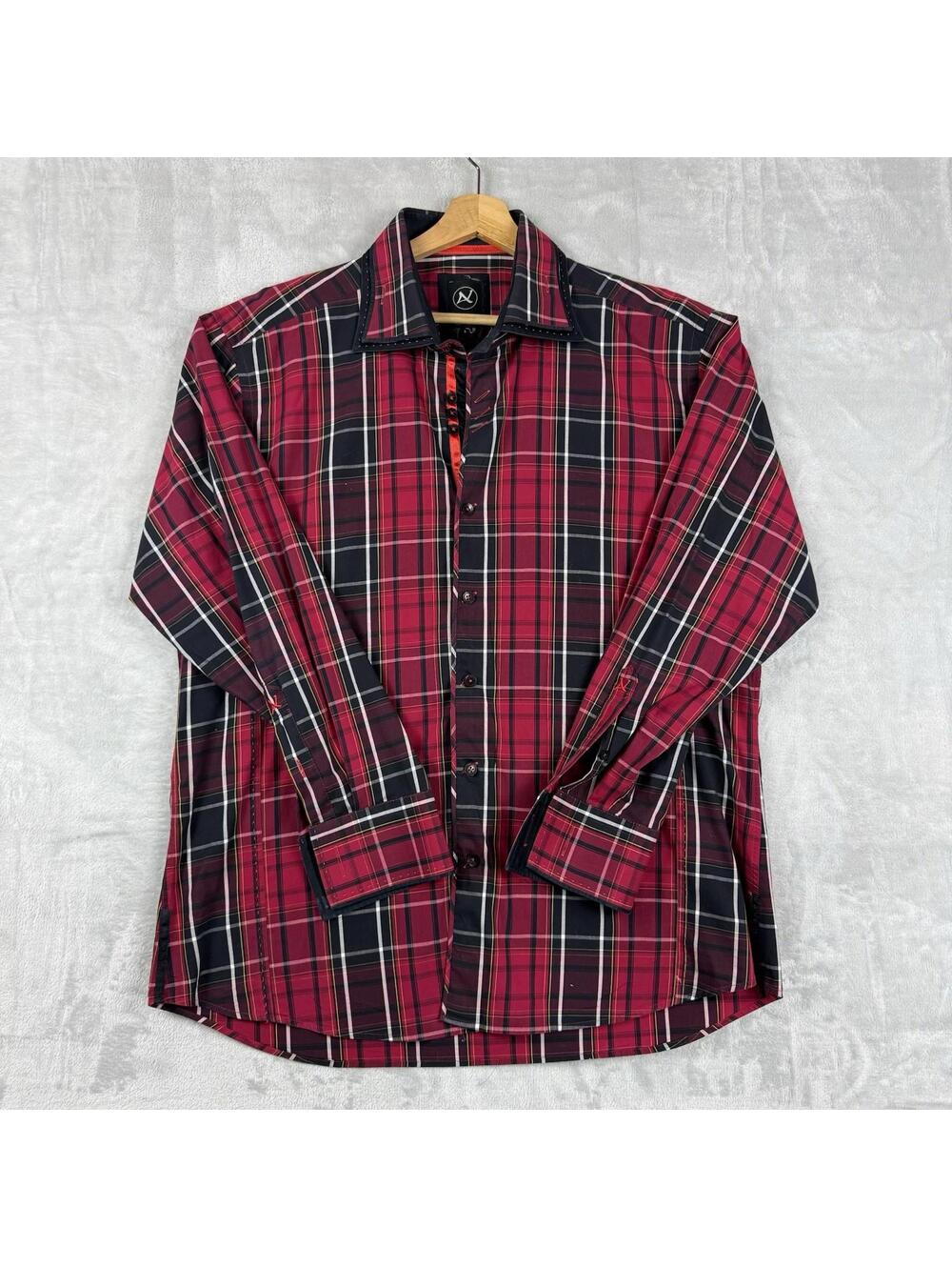 AU NOIR Button Down Shirt Mens Size 6 Red BLK Plaid  Abstract Flip Cuff Preppy